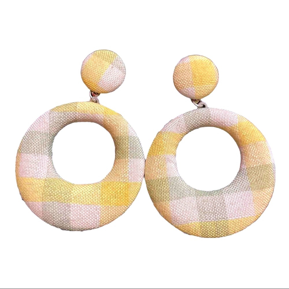 Handmade retro style  plaid geometric patterns printed cotton fabric earring OS‎